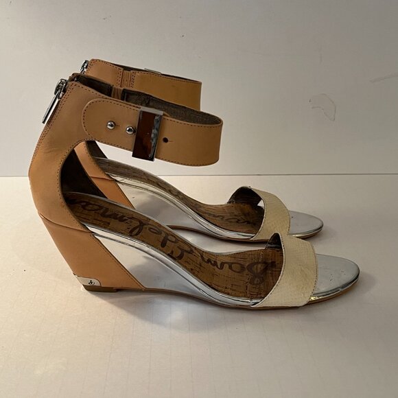 Sam Edelman Sophie Wedge Sandal Open Toe Tan Silver Cream Ankle Strap Women 8.5M - Picture 1 of 14